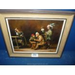 A framed Oil on board of three gentlemen and a lady in an ale house, signed lower right Va Roge,