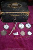 A jewellery box and contents including; 9ct gold ladies wrist watch, fob watches A/F,