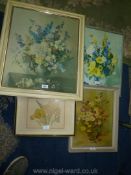 Four framed Prints depicting still life, one signed Vernon Ward, one initialled J.M, M.