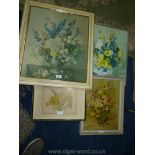 Four framed Prints depicting still life, one signed Vernon Ward, one initialled J.M, M.