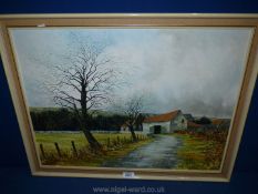 A framed Oil on board depicting a rural landscape to include a selection of barns,