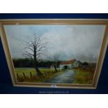 A framed Oil on board depicting a rural landscape to include a selection of barns,