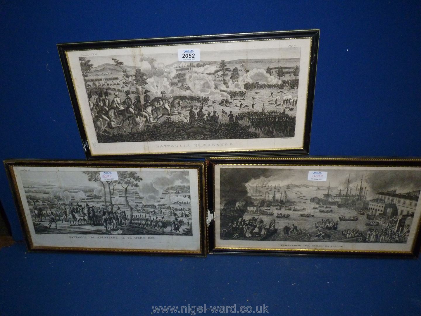 Three framed Etchings: 'Battaglia Di Abensberg IL 20 Aprile 1809',