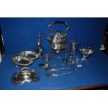 A box of mixed EPNS to include Spirit kettle, sugar sifter, napkins,