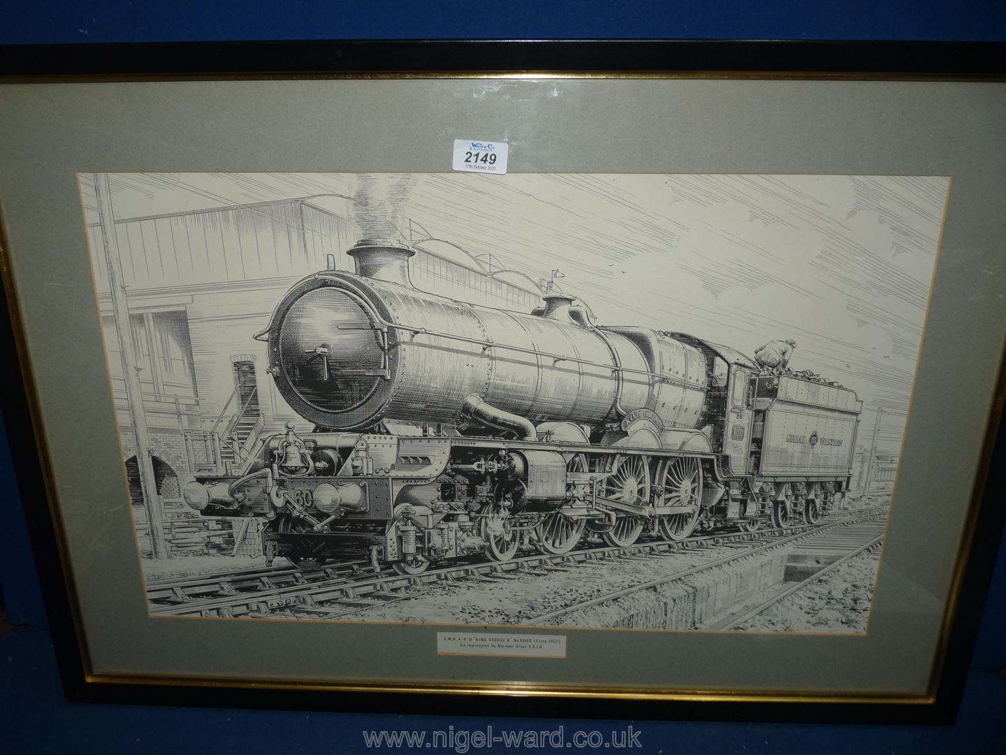 A framed Print of locomotive GWR 4-6-0 King George V, no. 6000, an impression by Normal Giles F.S.I.