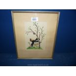 A framed Cartoon Watercolour of a man and a bug in a tree,