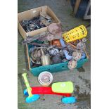 Two boxes of horse brasses, a blow lamp, a child's bike, etc.