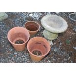 Concrete urn style planter, 19'' high, three terracotta pots,