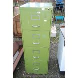 A Green finished four drawer filing cabinet, (open/lock drilled).