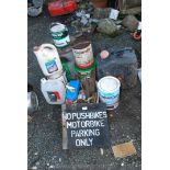 A quantity of part containers of timber care fluids, signs, etc.