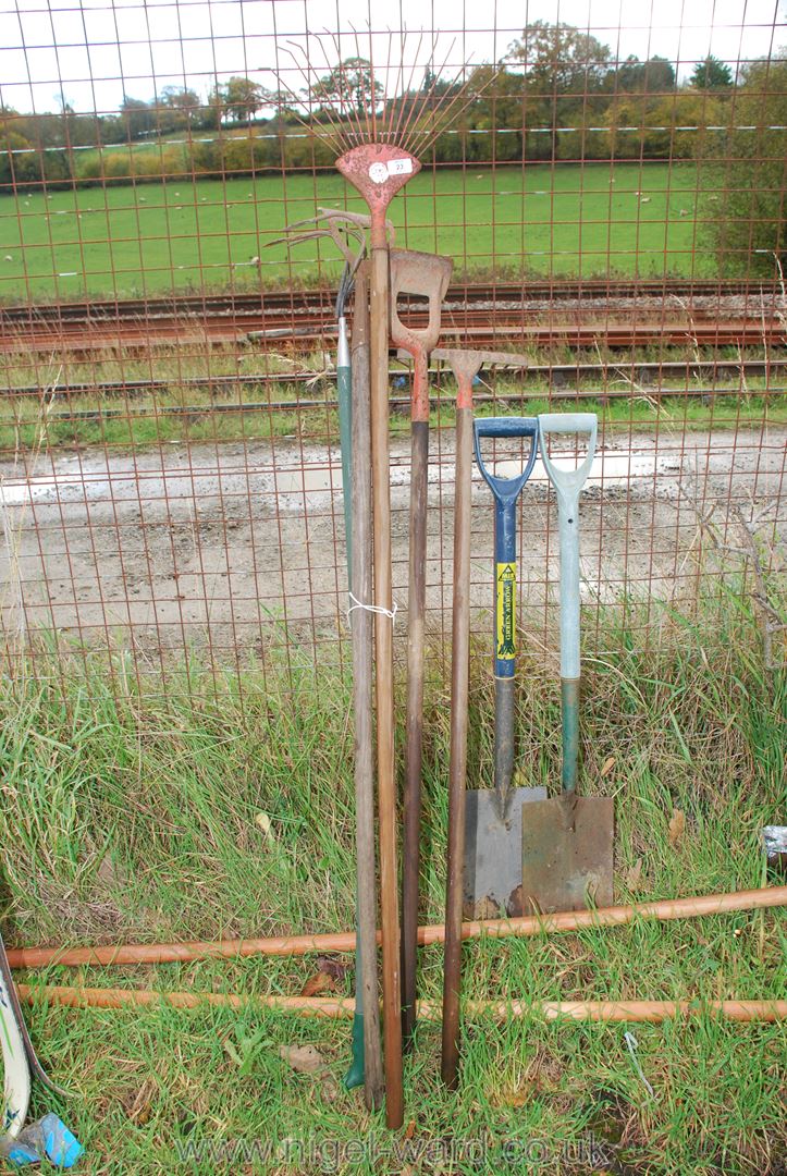 Miscellaneous Garden tools, hoes, rake and two spades.