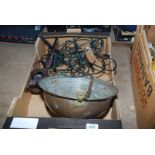 A quantity of metalware including a bird figure, a copper and brass hanging bowl shaped planter,