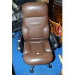 A brown leather effect swivel office Executive's chair.