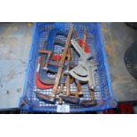 A crate of "G" clamps, clamps, etc.