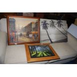 Two canvas pictures and a wooden framed picture.