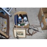 A quantity of studio pottery, a pair of old framed engravings, a riding crop, a lead rein, etc.