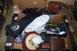 Two boxes of cameras including boxed Brownie, a music stand, lights, wrist-watches,