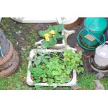 A small Wheelbarrow planted and herb container.