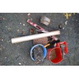 A Plastic fire bucket, level, metal work, etc.