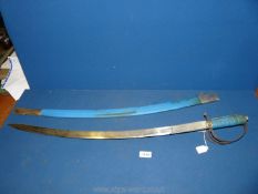 An Indian decorative metal Sword with blue handle and sheath.