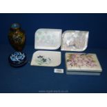 A quantity of Cloisonne including white and cherry blossom jewellery box, three metal trays,