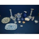 A quantity of blue and white china including a tea for one set, two small ginger jars, jugs,