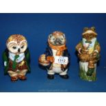 Three (Cinque Port) Rye Pottery figures: toad, owl and hedgehog, approx 6" tall.