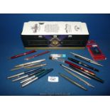 A quantity of pens including fountain, cartridge and ballpoint by Schaeffer, Parker etc.