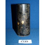 A small Chinese lacquer Brush Pot with monkish figures in an architectural scene, 4 1/4'' tall, a/f.