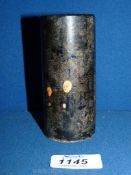 A small Chinese lacquer Brush Pot with monkish figures in an architectural scene, 4 1/4'' tall, a/f.