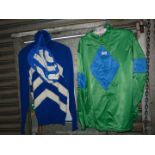 A set of racing silks (Gibson's of Newmarket) in green and blue and another set of wool racing