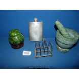 A Pestle and mortar in marble, small epns toast rack,
