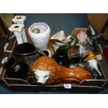 A quantity of china including fireside lion, a Toby jug, pair of column candlesticks,