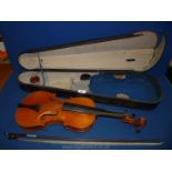 A cased Violin and bow, body 14" long, total length 23" long,