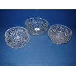 Three heavy glass trifle Bowls, from 7" to 9" diameter.