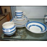 Fourteen pieces of blue and white Cornish ware to include sugar bowl, cup, bowl, four side plates,