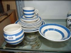Fourteen pieces of blue and white Cornish ware to include sugar bowl, cup, bowl, four side plates,
