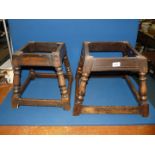 Two wooden stool bases with missing tops, 14" tall x 16" wide and one 14" tall x 18" wide.