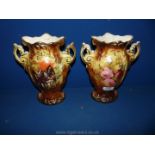 A pair of Victorian Vases with scenes of Cart horses and roses.