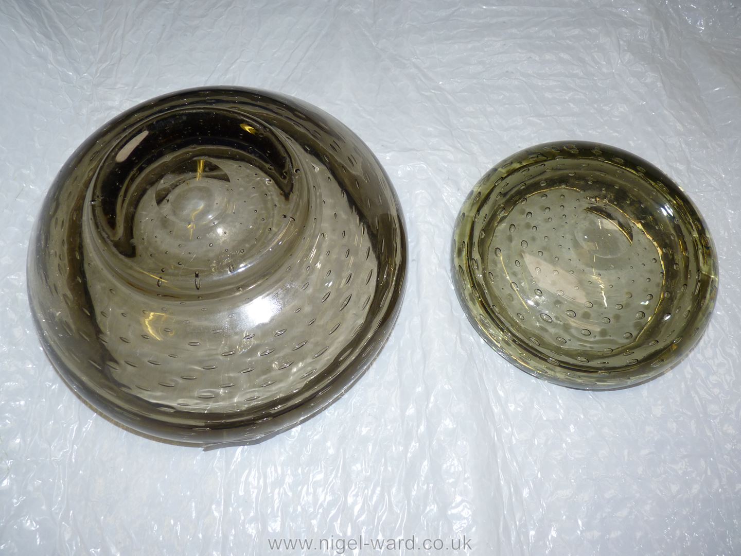 Two Whitefriars smoky glass controlled bubble bowls. - Image 3 of 3