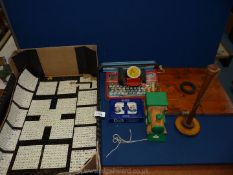 A quantity of games and toys including Reid's Palace cards, wooden 'Choco Train', tin typewriter,