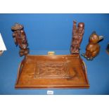 A quantity of miscellaneous Treen including carved serving tray, cat, two oriental figures, etc.
