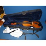A Violin labelled H. Denis, total length 23", body 14" in a soft case (no bow present).