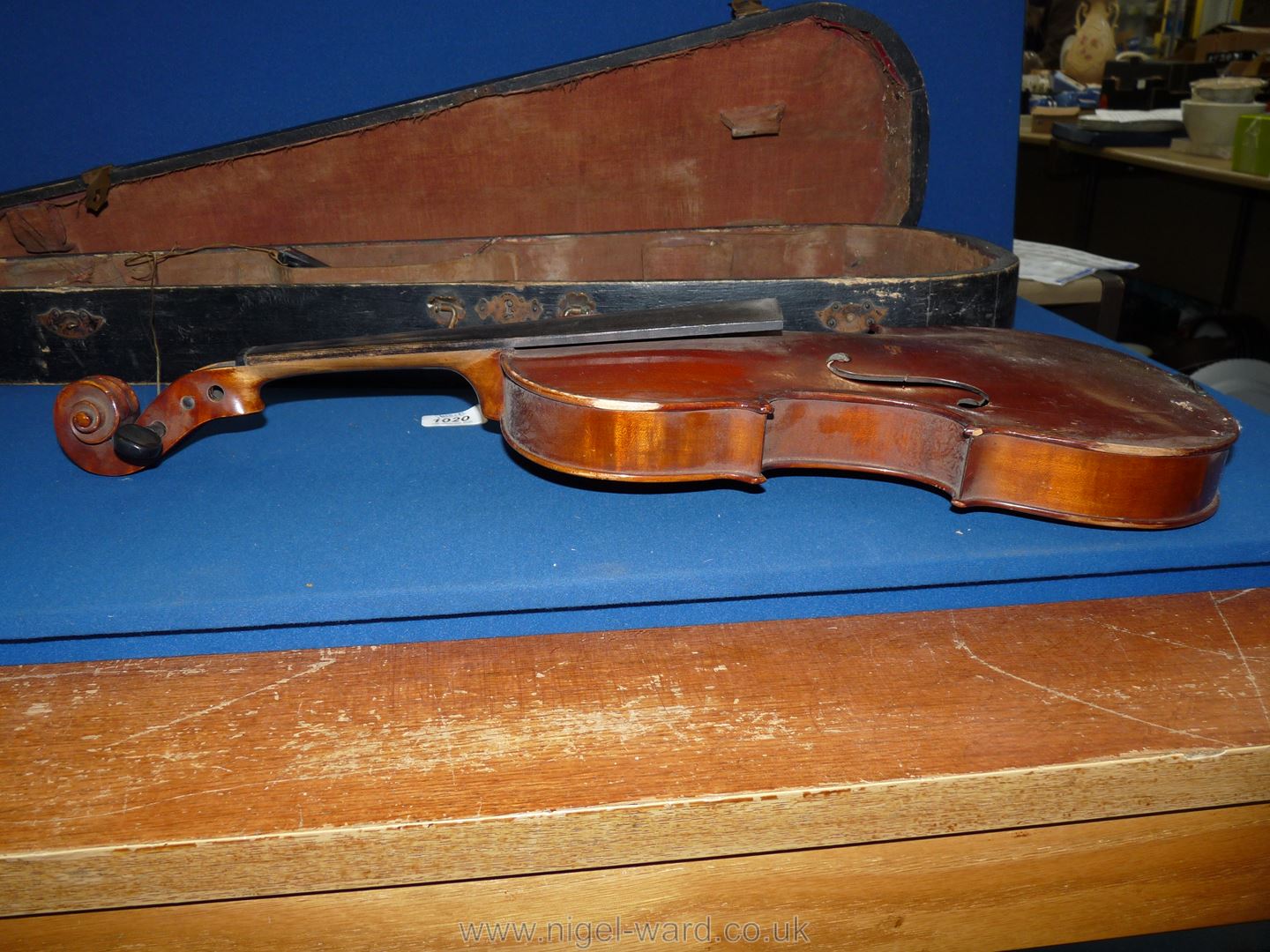 A Nippon made Violin, body 14" long, total length 23", (violin and case both a/f). - Image 3 of 7