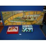 A Chad Valley game board for a horse racing game, toy doctors bag and small quantity of old marbles.