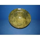 A large green glass fruit bowl with mottled textured exterior, 12" diameter, 6 1/2" tall.