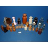 A box of miscellanea to include stone and glass bottles, jars, Studio ceramic salt pot,