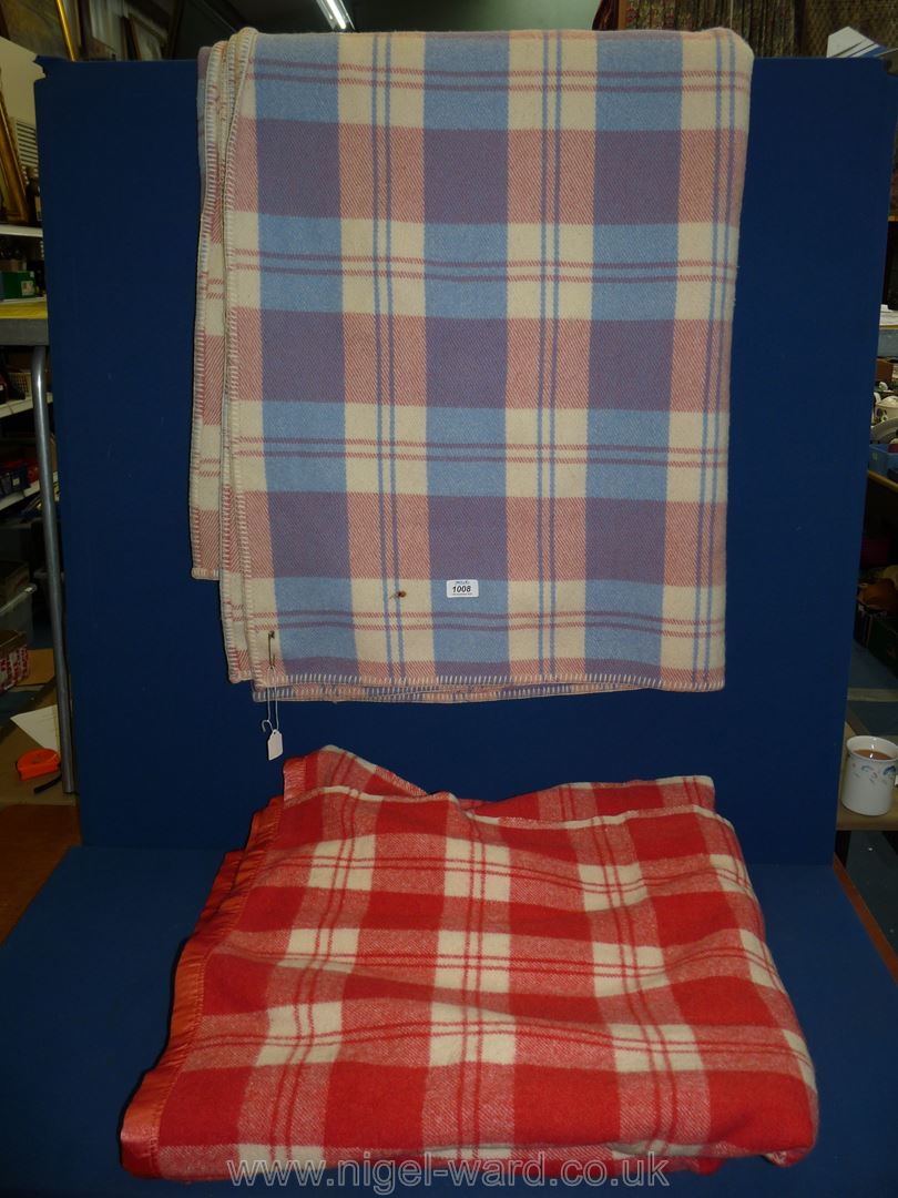 Two double check blankets: one ''Derw'' in red and cream made in Wales and the other