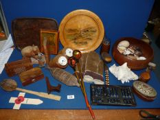 A quantity of Treen including large bowl, abacus barometer, clock, Barge ware spoons, odd bookend,