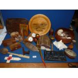 A quantity of Treen including large bowl, abacus barometer, clock, Barge ware spoons, odd bookend,